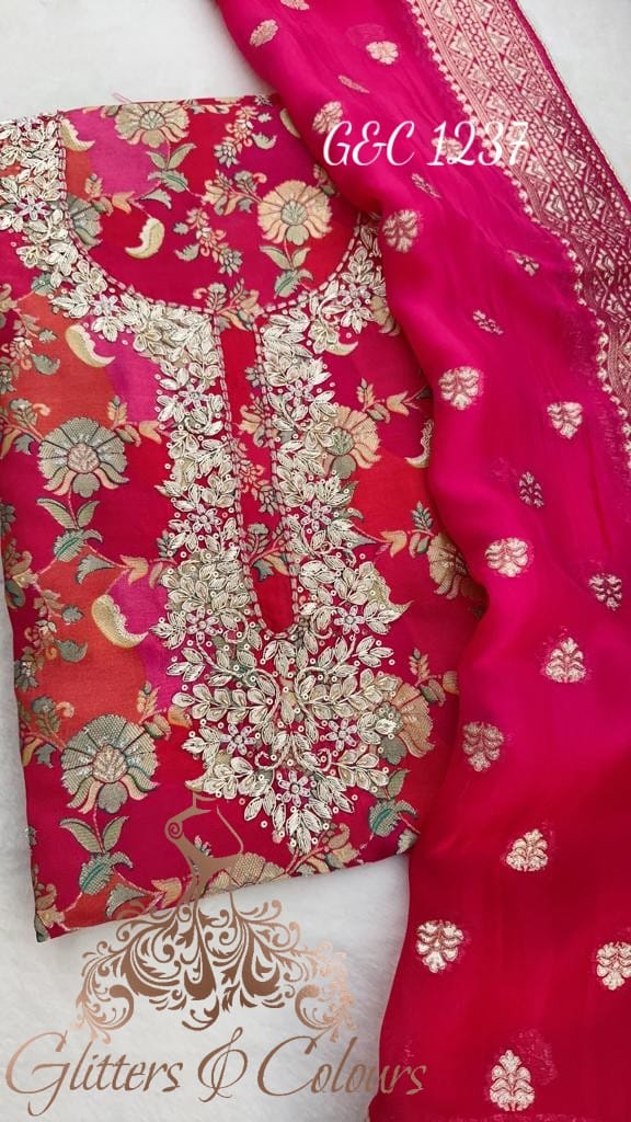 Buy Peach Sequins And Floral Embroidered Raw Silk Unstitched Suit Online |  Fabric Pitara